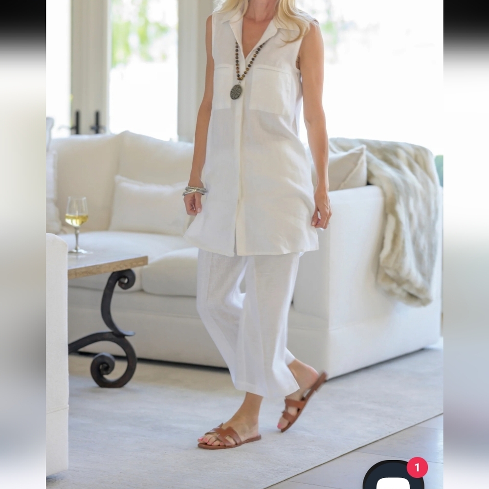 Crown Lined Designs NWOT White Whitney Sleeveless Tunic, 100% Linen, Size S